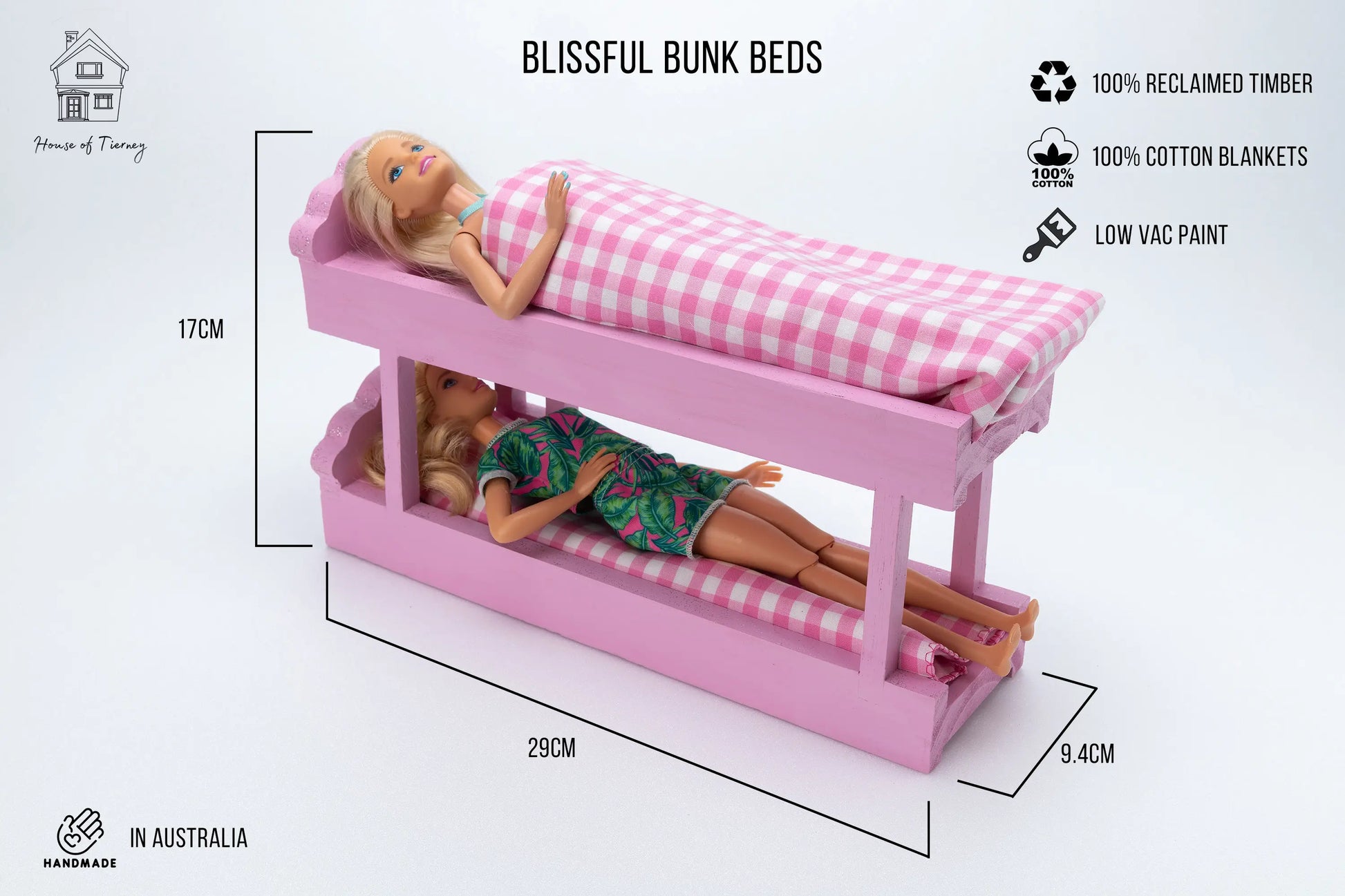 Wooden Barbie Furniture Bunk beds Pink Houseoftierney