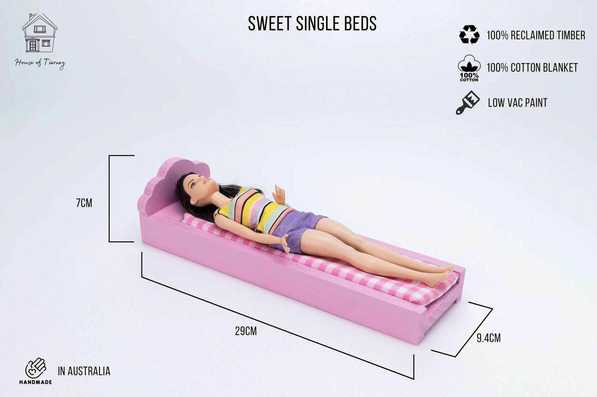 Wooden Barbie furniture Sweet Single bed Pink Houseoftierney